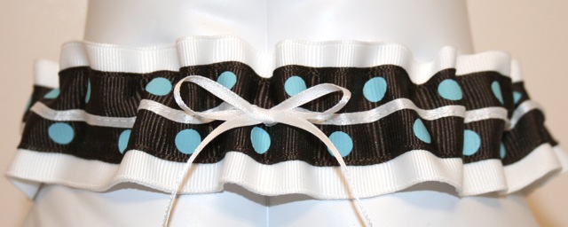 pollyanna's garter is white grosgrain with a chocolate and turquoise polka