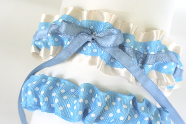 blue custom designed polka dot wedding garter