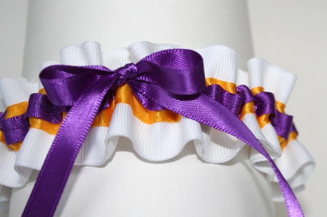 louisiana state university themed white purple and gold wedding garter 
