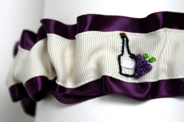 wine themed hand embroidered deep purple and ivory wedding garter by the garter girl by julianne smith